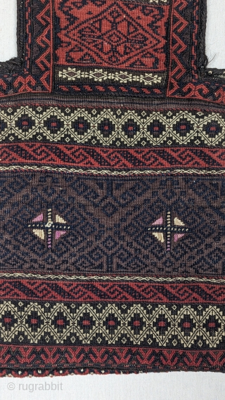 Antique Baluch Saltbag, circa 1880,  soumak work, with some silk highlights.A fine example of baluch weaving, in excellent condition, size 1'7" by 2'2", you can contact us directly at rubiadarya@mymts.net  