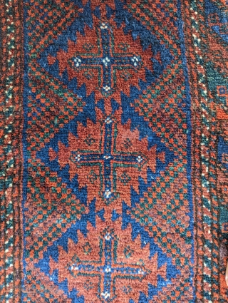 A beautiful Antique Sistan baluch Balist or poshti(cusion)full pile excellent  condition,late 19th century wonderful range of colors blues,greens with original back camel color size 2'5" × 1'6"     