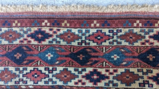 Dynamic Yomut engsi. Dimension 72" x 51". Very good condition overall, but a strip of high-quality replacement at either end (see close-up photos of ends). Wonderful colours. Rare (unique?) use of extraneous  ...