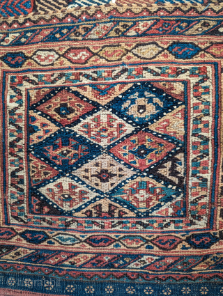 A finely woven Antique Afshar soumak bag, circa 1920 or before with all natural dyes, and a beautifully woven complete back. size is 1'5 by 1'7. Its in excellent condition for its  ...