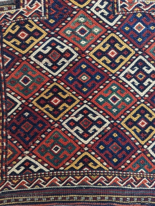 A Dynamic Kurd Saltbag of the highest quality,circa 1910 or earlier, with a great range of colors, excellent condition,size 2 by 1'2"           