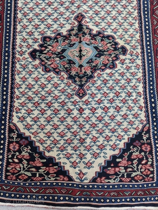 A Dynamic Kurd Senneh Kilim,with a unique white background and wonderful range of colors from dark blue to light green and a wonderful turquoise blue,circa 1930 or before, excellent condition,size 5 ×  ...