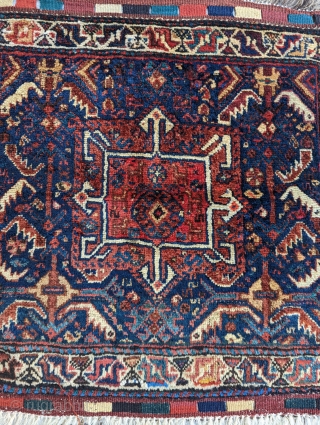 Antique Khamseh Qashqai bagface, wonderful range of colors and design, floppy hand with very soft wool excellent condition,  size 2'5" × 2'6"          