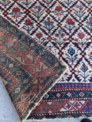 A Dynamic Antique Shirvan Prayer rug, circa 1860 or before, beautiful range of colors, blues, greens, and yellows. size 3'5" by 4'6"           