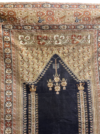 Antique Ghiordes prayer Rug C1900 with nice Blue field Mihrab and teapots  size 175/120 contact me directly knaqeebullah489@gmail.com              