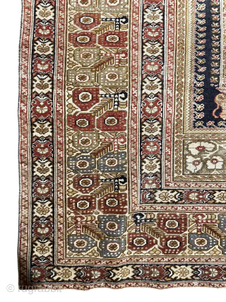 Antique Ghiordes prayer Rug C1900 with nice Blue field Mihrab and teapots  size 175/120 contact me directly knaqeebullah489@gmail.com              