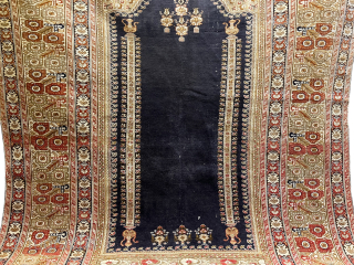 Antique Ghiordes prayer Rug C1900 with nice Blue field Mihrab and teapots  size 175/120 contact me directly knaqeebullah489@gmail.com              