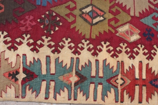 Beautiful Antique Turkish Kilim Rug,
Size cm:265 x 160,
Size ft:8'10 x 5'4,
Code No:R6924,
Availability:In Stock,
This rug is over hundred years old and some minor damage and one border is missing     