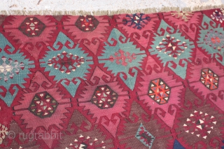 Beautiful Antique Turkish Kilim Rug,
Size cm:265 x 160,
Size ft:8'10 x 5'4,
Code No:R6924,
Availability:In Stock,
This rug is over hundred years old and some minor damage and one border is missing     