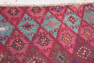 Beautiful Antique Turkish Kilim Rug,
Size cm:265 x 160,
Size ft:8'10 x 5'4,
Code No:R6924,
Availability:In Stock,
This rug is over hundred years old and some minor damage and one border is missing     