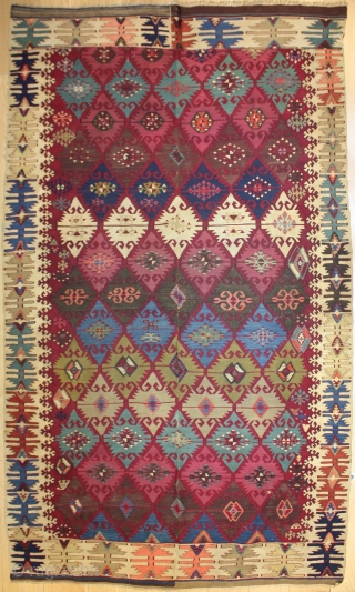 Beautiful Antique Turkish Kilim Rug,
Size cm:265 x 160,
Size ft:8'10 x 5'4,
Code No:R6924,
Availability:In Stock,
This rug is over hundred years old and some minor damage and one border is missing     