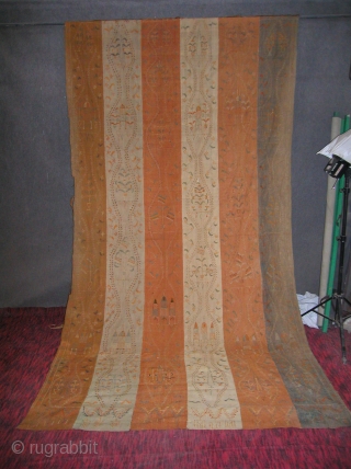 
LARGE RAJISTANI WOOL EMBROIDERY

Size: 11 feet 4 inches (136 inches) x 5 feet 8 inches (68 inches)Description: This very large piece shows individual hand-woven strips of material made up of different colors  ...
