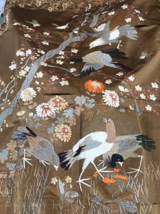 19th C. Japanese Embroidery
Brown silk background with chrysanthemums, plum branch and blossoms, bamboo, and birds hand embroidery. Colors of: grey, peach shades, white, violet, indigo blue, orange, brown, tan, eggplant, light tan,  ...