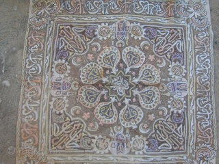 Turkish metallic & silk satin-stitch embroidery on natural linen ground.
Central motif is a depiction of the Sultan's Seal.
Size: 31 1/2 inches x 32 inches; Age: first quarter of the 20th century  