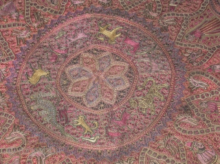 Silk embroidered textile on silk ground

DESCRIPTION FROM THE CENTER OUTWARDS:
This square format embroidered textile measures 5’ 3’’ inches X 5’ 3’’ inches
A small disk format in the center contains 14 (fourteen) animal  ...