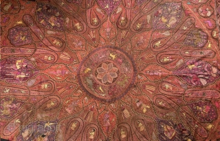 Silk embroidered textile on silk ground

DESCRIPTION FROM THE CENTER OUTWARDS:
This square format embroidered textile measures 5’ 3’’ inches X 5’ 3’’ inches
A small disk format in the center contains 14 (fourteen) animal  ...