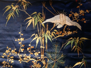 Silk embroidered fukusa (gift covering cloth), good-for-any-occasion motifs of The Three Friends ~ Pine, Bamboo & Pine, longevity symbols the crane and sea turtle and Horaizan, the Island of the Eight Immortals/The  ...