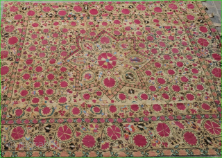 19 C. Bukhara Star Medallion Suzan

Center of 8-point star medallion with floral pattern. Floral and vine pattern surrounding medallion between border and medallion. Floral border of 10 ½” framing piece. Silk hand  ...