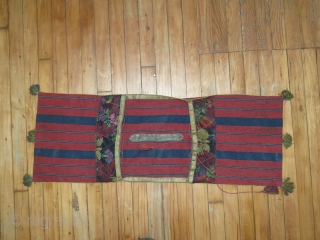 Antique Jajim textile.  Measures 1'1''x3'1''.  Told it was made with silk.  Some staining on back.               