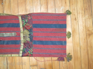 Antique Jajim textile.  Measures 1'1''x3'1''.  Told it was made with silk.  Some staining on back.               