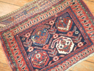 Antique Afshar Or Gashghai bagface.  1'6''x1'3''.  One end is missing bad has been secured.  Looks like 2 tiny repairs on top right center border.      