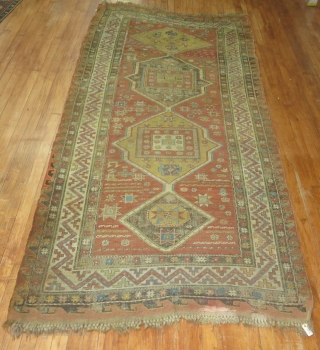 Antique Soumac.  Size 4'4''x9'7''.  Low areas.  Old repair.  Trendy!                    