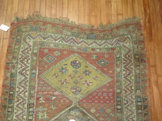 Antique Soumac.  Size 4'4''x9'7''.  Low areas.  Old repair.  Trendy!                    