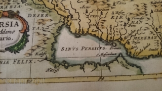 This is an original antique map of Persia by Adam Olearius, ca. 1647 A.D., with a later hand coloring in excellent condition. Approximately 5.5" x 5".       