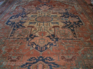 A very early Heriz Serapi carpet with highly desirable palette of tones. About 11'x14'4" = 336x437 cm. Repair galore!              