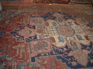 A very early Heriz Serapi carpet with highly desirable palette of tones. About 11'x14'4" = 336x437 cm. Repair galore!              