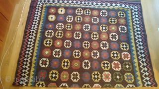 This is a Qashqai star kilim (folded in half) in original condition. 5' X 9'4" = 152.4 X 284.48cm.              