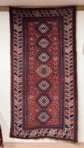 Antique Caucasian Borchalo rug 
size : 3`10"x 7`7" feet ( 1,16x2,30 cm ) nice condition and Spectacular colors if you need any information please contact with email to sahcarpets@gmail.com 
Thanks   