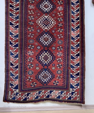 Antique Caucasian Borchalo rug 
size : 3`10"x 7`7" feet ( 1,16x2,30 cm ) nice condition and Spectacular colors if you need any information please contact with email to sahcarpets@gmail.com 
Thanks   