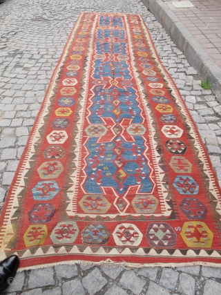 Antique Central Anatolian  Obrul Kilim Supereb  colours some brawn is need repair  but all most good condition  Circa 1850 or early        