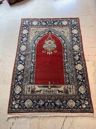 Old Qom part of SILK Rug 4’7x7’ feet ( 2,13x1,40 cm ) ince colors and excellent condition all original AVAILABLE if you need more info please contact sahcarpets@gmail.com 
#qom #qomrugs #persian #handmade  ...