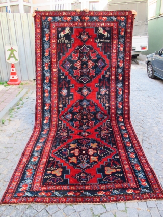 Antique Karabagh rug has original Armenian date, excellent condition, full pile.
Made at 10th month of 1908. The maker woman made for "Peter" writes under the horse at right side. There is a  ...