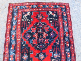 Antique Karabagh rug has original Armenian date, excellent condition, full pile.
Made at 10th month of 1908. The maker woman made for "Peter" writes under the horse at right side. There is a  ...