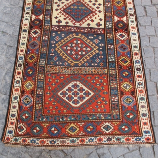 Antique Kasak carpet, excellent condition, all vegetable colours, %5 repaired, no any hole, just little control. 
Size: 90 x 46 inches (2,29 x 1,16 cm). 
Circa 1890's.      