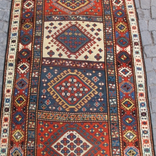 Antique Kasak carpet, excellent condition, all vegetable colours, %5 repaired, no any hole, just little control. 
Size: 90 x 46 inches (2,29 x 1,16 cm). 
Circa 1890's.      