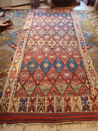 Antique Central Anatolian Kilim wonderful colours and  nice condition all orginal  it has some repair size:4,00 X 1,44 cm (4''7 X 13''1 foot) circa 1850      