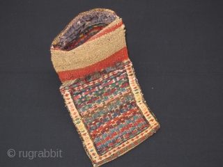 Small Bijar khorjin, Late 19th century, Soumak weaving, Original condition with natural dyes. Not restored, Size: 34 x 13 cm. 13.4"x 5".           