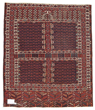 Yomud Ensi
156 x 133 cm (5' 1" x 4' 4")
Turkmenistan, second half 19th century
Condition: good, low pile,
Warp: wool, weft: wool, pile: wool


salihunal@msn.com           