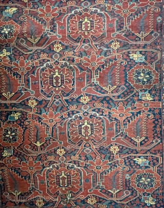 Bashir Rug with
palmette and pine leaf patterns red and blue ground
97” x 56” 8,56 
Condition , holes, repairs
               