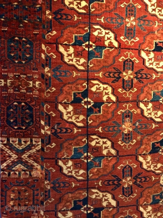 Akhal Tekke carpet fragment(originally 5 x 10 rows of guls). A warm, sumptuous, rich red with the early dark turquoise and deep blue. It also has the double tick guard stripes, a  ...