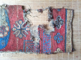 Fine East Turkestan Kotan fragment. This is a beautiful and fine fragment of Chinese East Turkestan carpet. It's well traveled and experienced over 300 years of silk road history.
Size:big bit 30"x 45"  ...