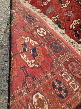 An antique Tekke main carpet  . 220/200 cm. Very old and Fine. Some repairs. Original size.                