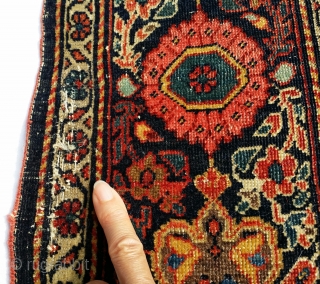 1890 Sarouk Farahan. Overall, very low sheer pile throughout rug with 2 -3 inch area showing some foundation ... see pic of 1 area. Rug has been cleaned and no areas have  ...