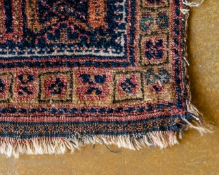 Antique Kurdish Rug. This is a west Persian Kurd with Four Peacocks. Very soft, hand-spun natural wool and old back. Ca 1880.

width:1'8"
length: 1'10"
size category: 3'x5' and smaller
dominant colors: Blue & Beige  