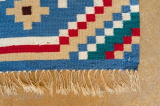 Swedish Rye Tapestry. This is a turn-of-the-last-century rye rug from Sweden, very cheerful and bright.

width: 1'7"
lenght: 1'9"
size category: 3'x5' and smaller
dominant colors: Blue, Red & Beige
       