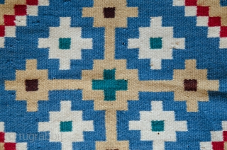 Swedish Rye Tapestry. This is a turn-of-the-last-century rye rug from Sweden, very cheerful and bright.

width: 1'7"
lenght: 1'9"
size category: 3'x5' and smaller
dominant colors: Blue, Red & Beige
       